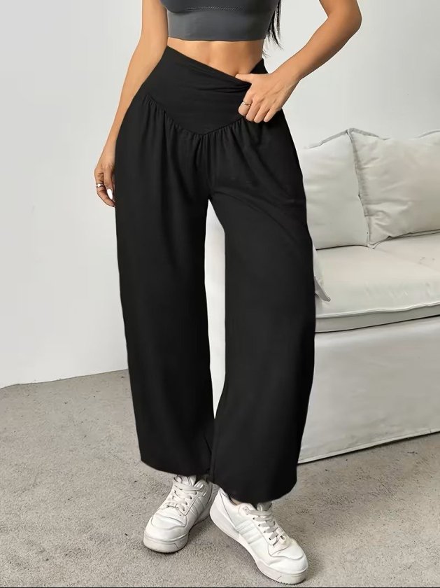 Women's High Waisted Ruched Pocket Wide Leg Viscose Double Yarn Trousers, 32470