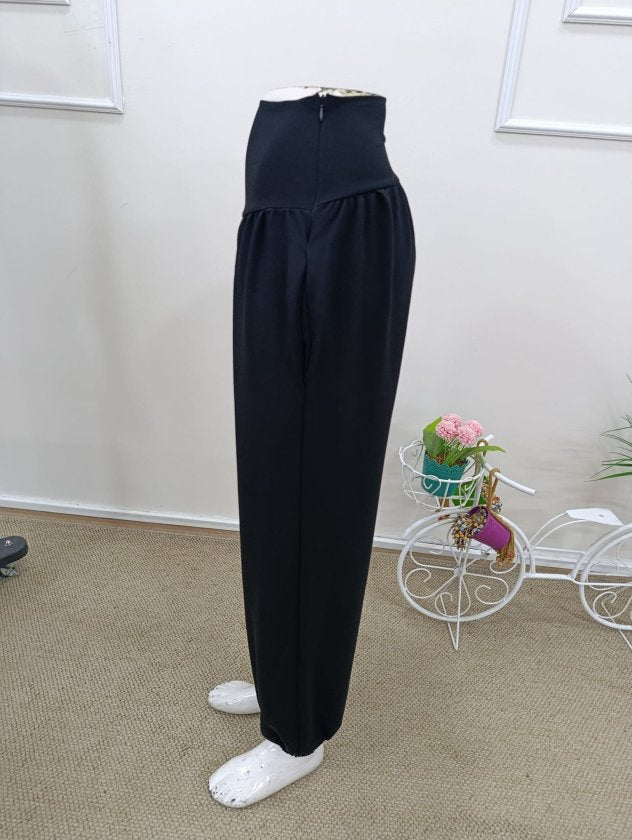 Women's High Waisted Ruched Pocket Wide Leg Viscose Double Yarn Trousers, 32470