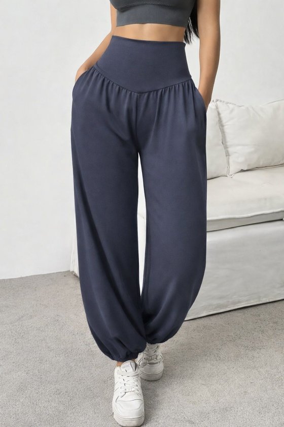 Women's High Waisted Ruched Pocket Wide Leg Viscose Two-Thread Trousers, 32472