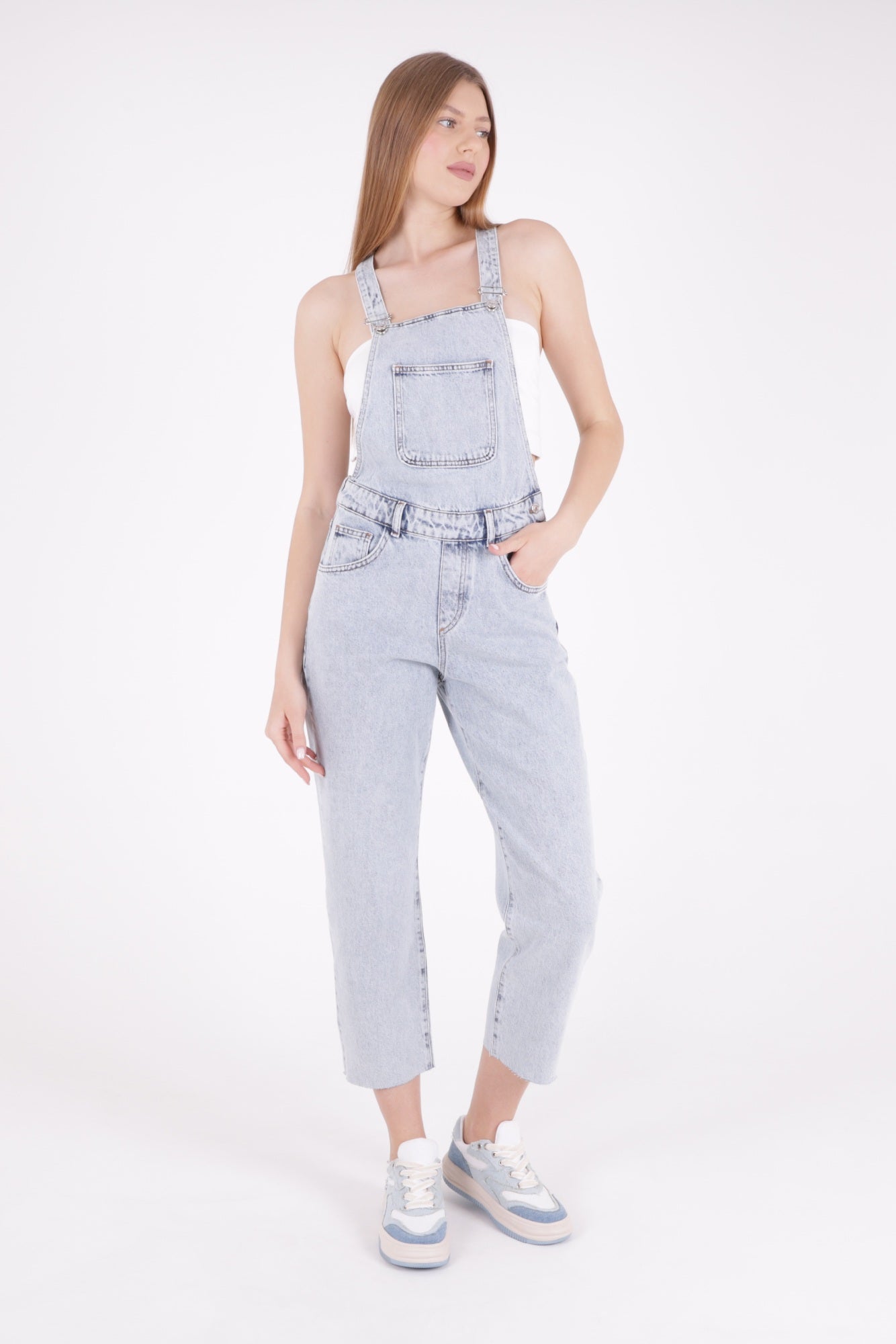 Mom Kalıp Kot Salopet - Kar Yıkama Açık Mavi - (S-XL-6) - 2