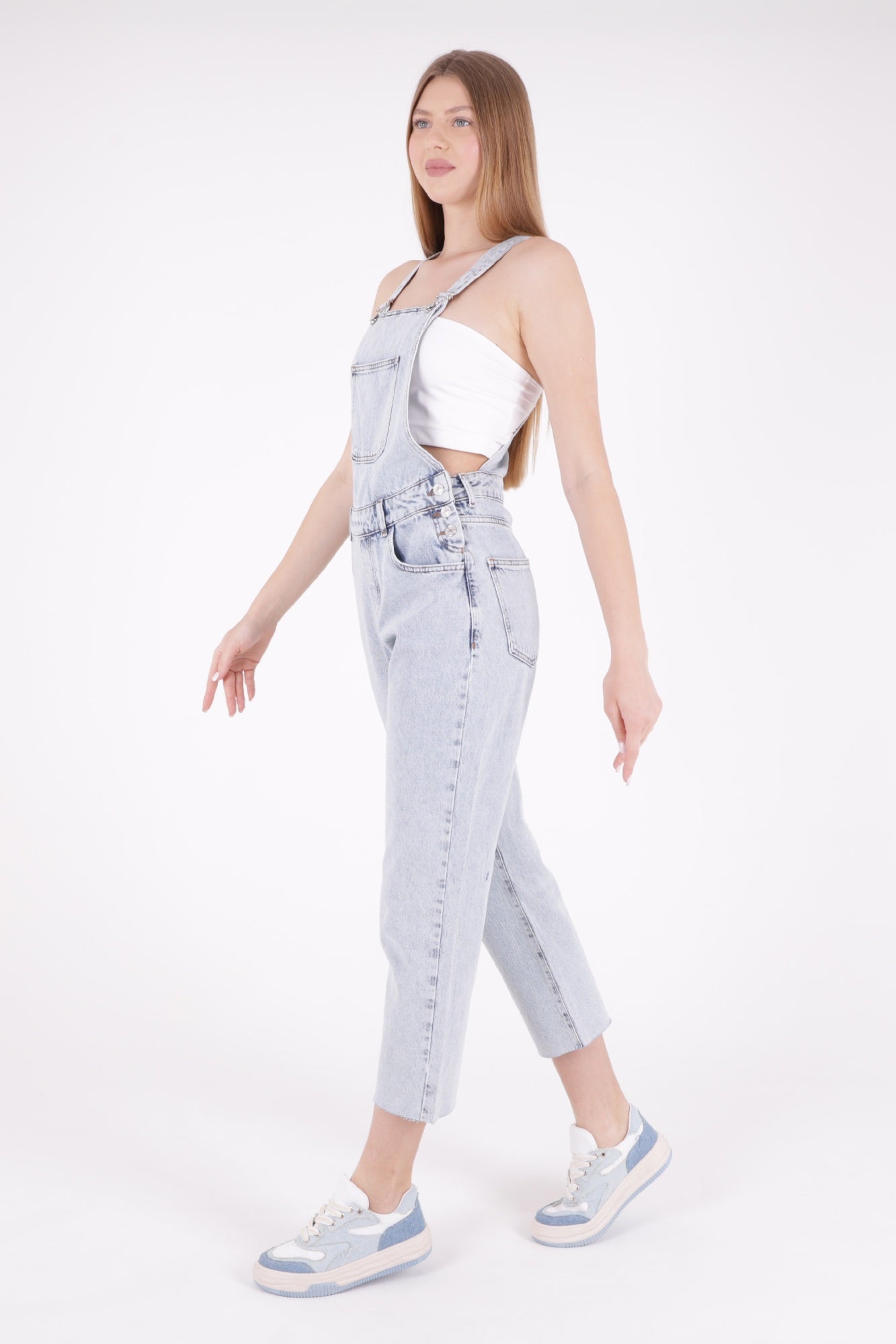 Mom Kalıp Kot Salopet - Kar Yıkama Açık Mavi - (S-XL-6) - 4