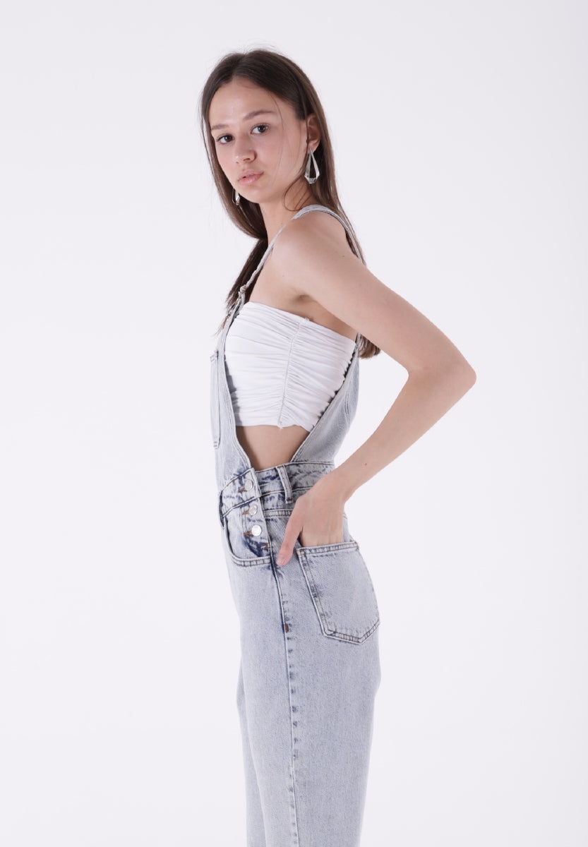 Mom Kalıp Kot Salopet - Buz Mavisi ve Tintli - (S-XL-6) - 5