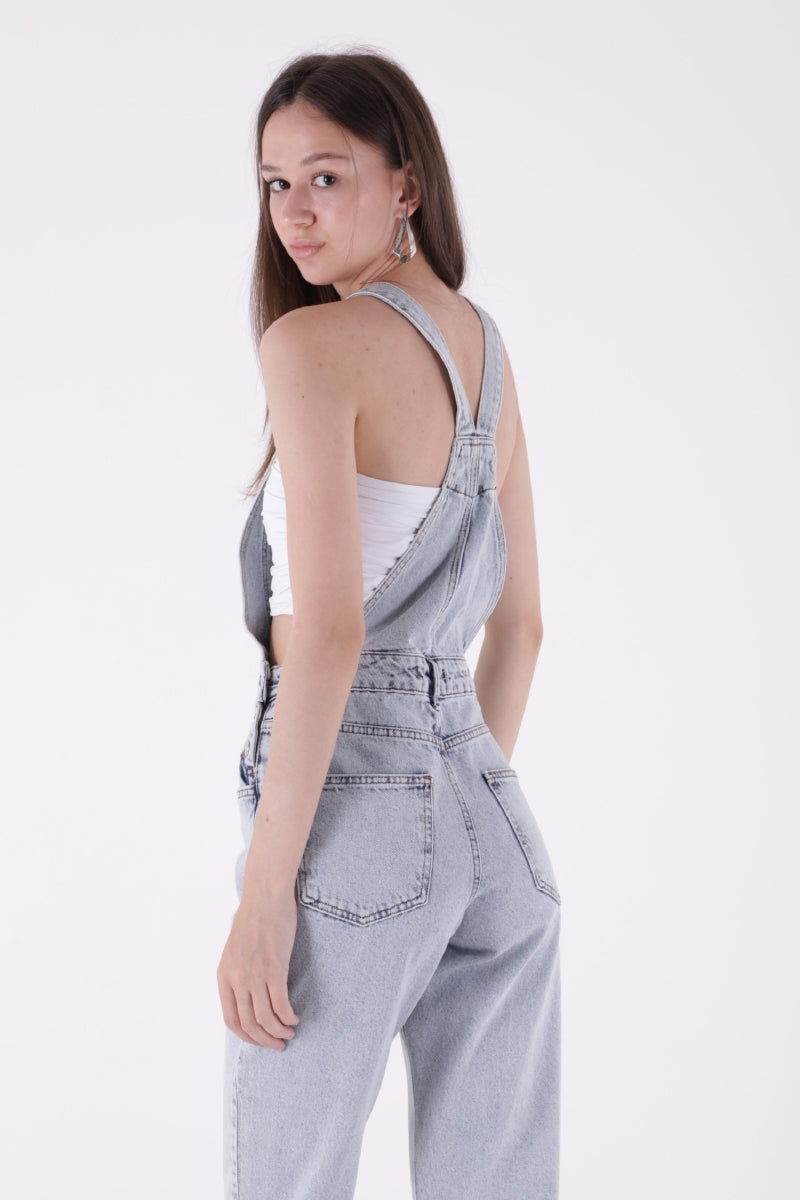 Mom Kalıp Kot Salopet - Buz Mavisi ve Tintli - (S-XL-6) - 6