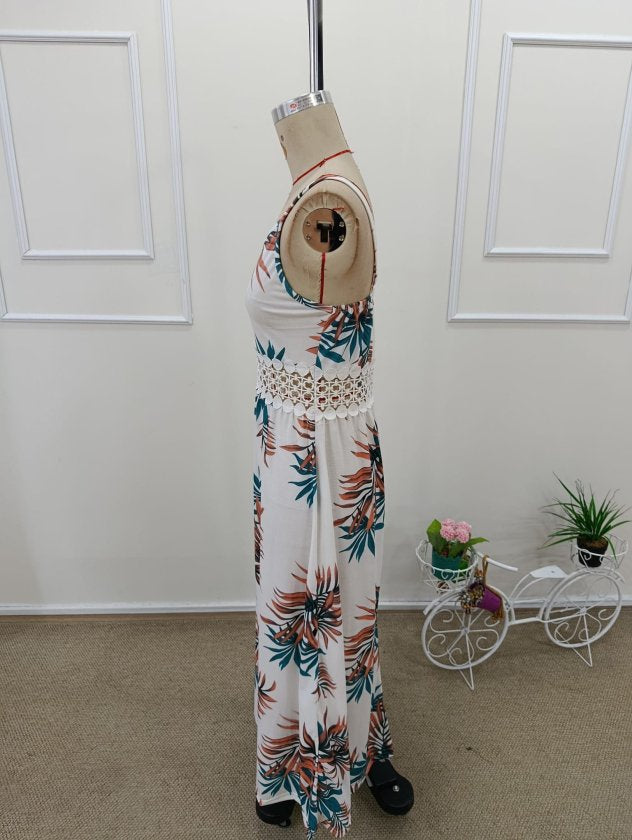Women's Strappy V-Neck Long Supreme Dress with Lace Waist, 32575