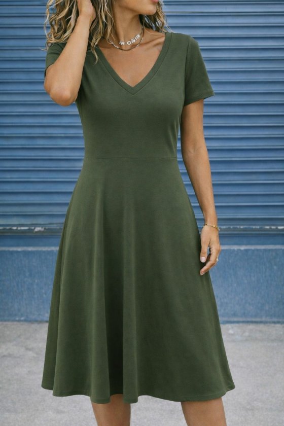 Women's Short Sleeve V-Neck Flared Midi Viscose Dress, 32608