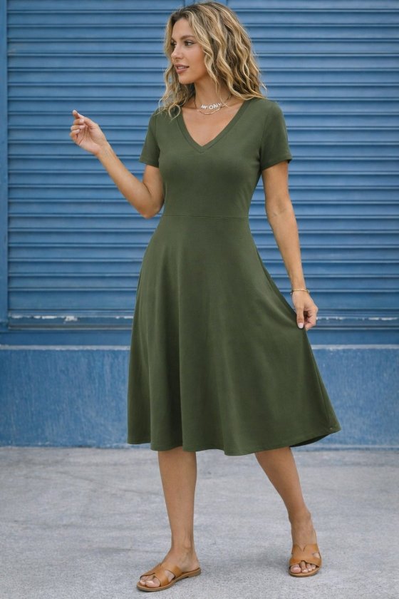 Women's Short Sleeve V-Neck Flared Midi Viscose Dress, 32608