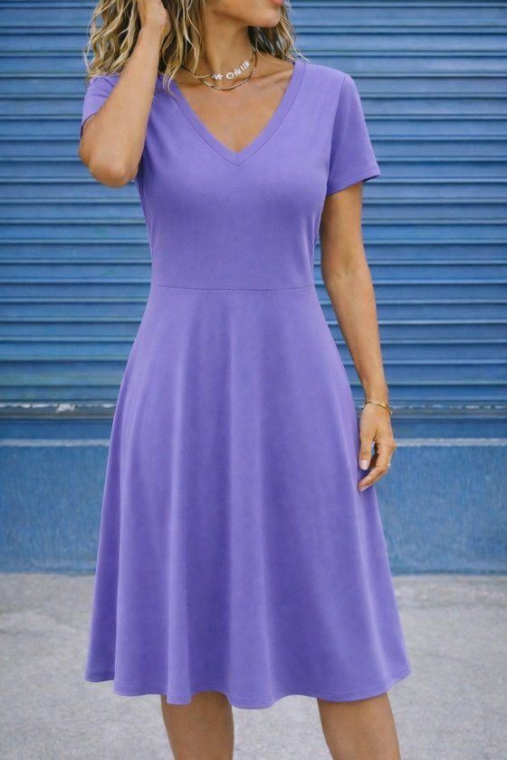 Women's Short Sleeve V-Neck Flared Midi Viscose Dress, 32609