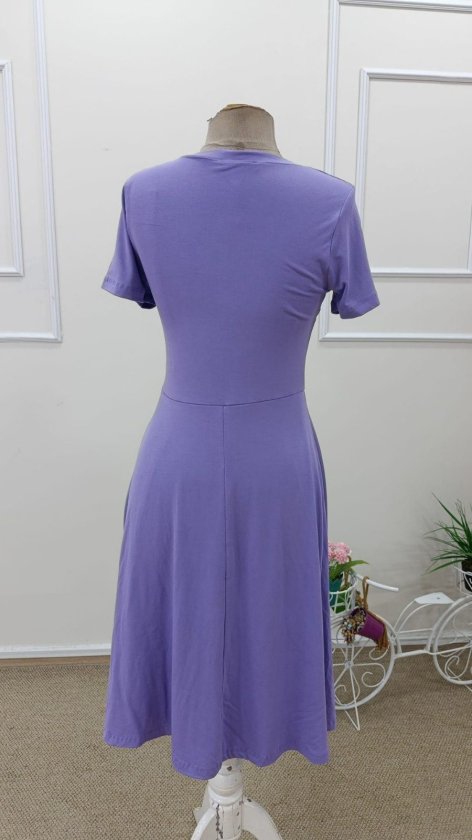 Women's Short Sleeve V-Neck Flared Midi Viscose Dress, 32609