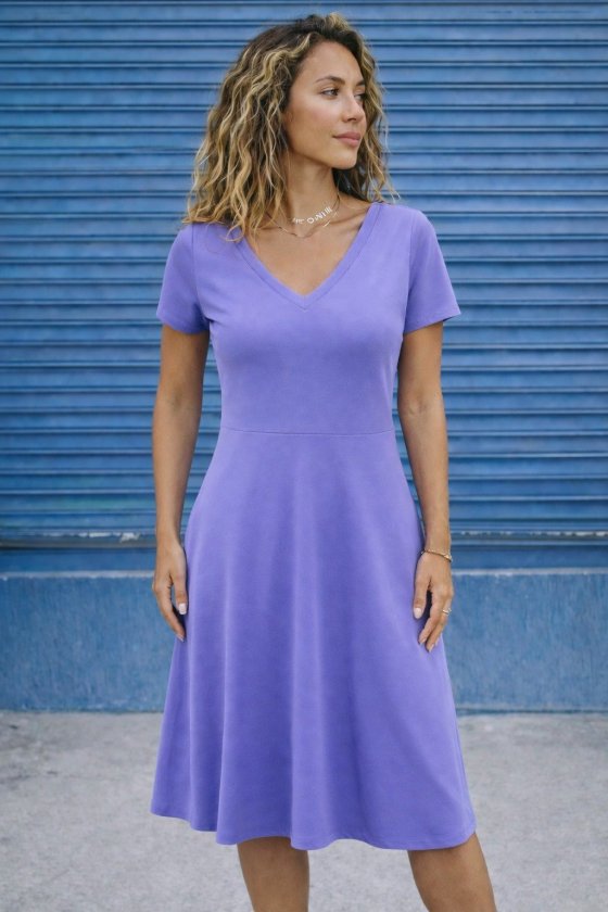 Women's Short Sleeve V-Neck Flared Midi Viscose Dress, 32609