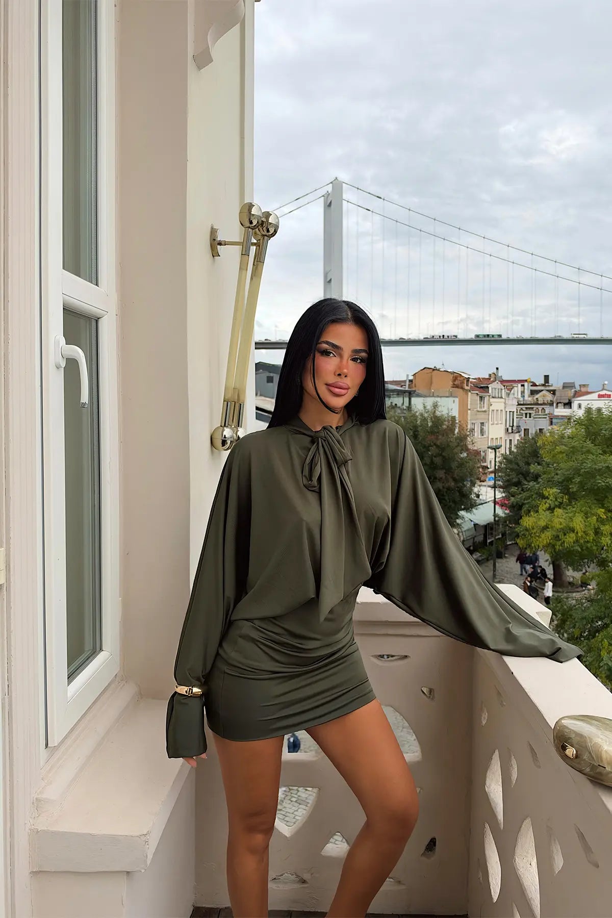 Haki Önden Bağlamalı Elbise