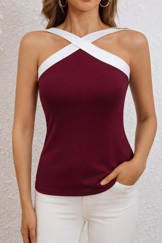 Women's Off-the-Shoulder Scuba Blouse with Crisscross Strap Detail on Front, 32695
