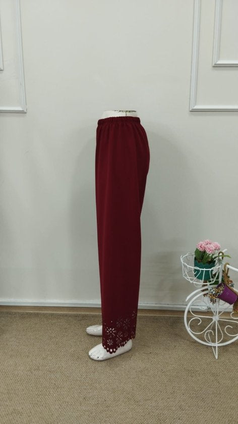 Kadın Yüksel Bel Beli Lastıklı çiçek Desenli Lazer Kesım Detaylı Ithal Krep Pantolon, 32707