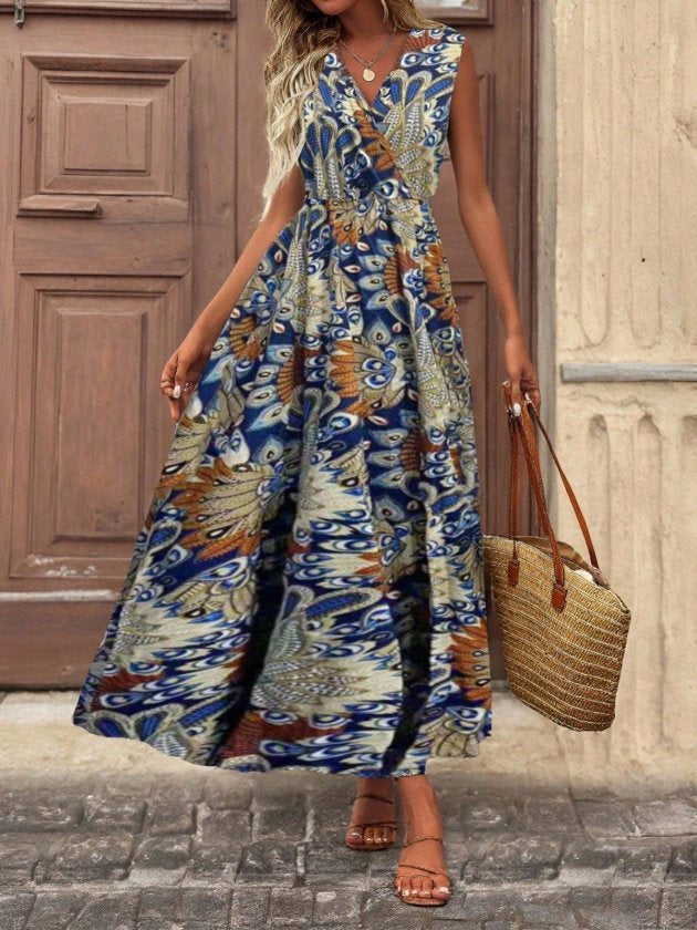Women's Strappy Wrap Neck Long Patterned Beltless Supima Dress, 32797