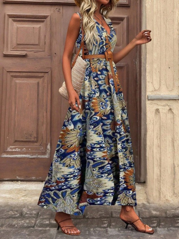 Women's Strappy Wrap Neck Long Patterned Beltless Supima Dress, 32797