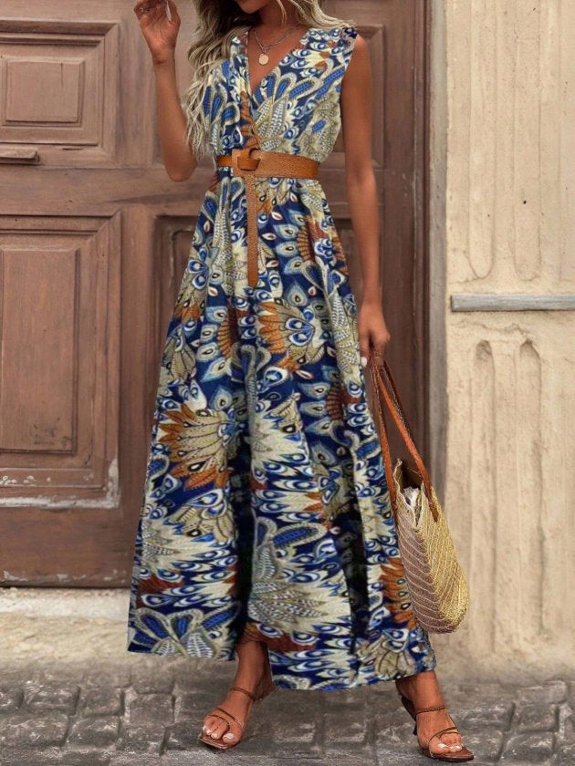 Women's Strappy Wrap Neck Long Patterned Beltless Supima Dress, 32797
