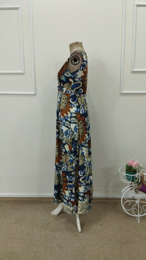 Women's Strappy Wrap Neck Long Patterned Beltless Supima Dress, 32797
