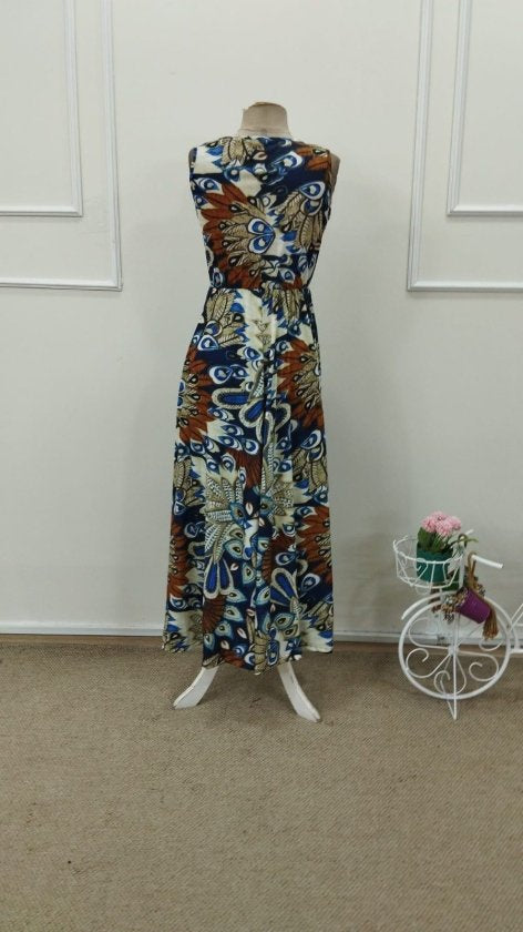Women's Strappy Wrap Neck Long Patterned Beltless Supima Dress, 32797