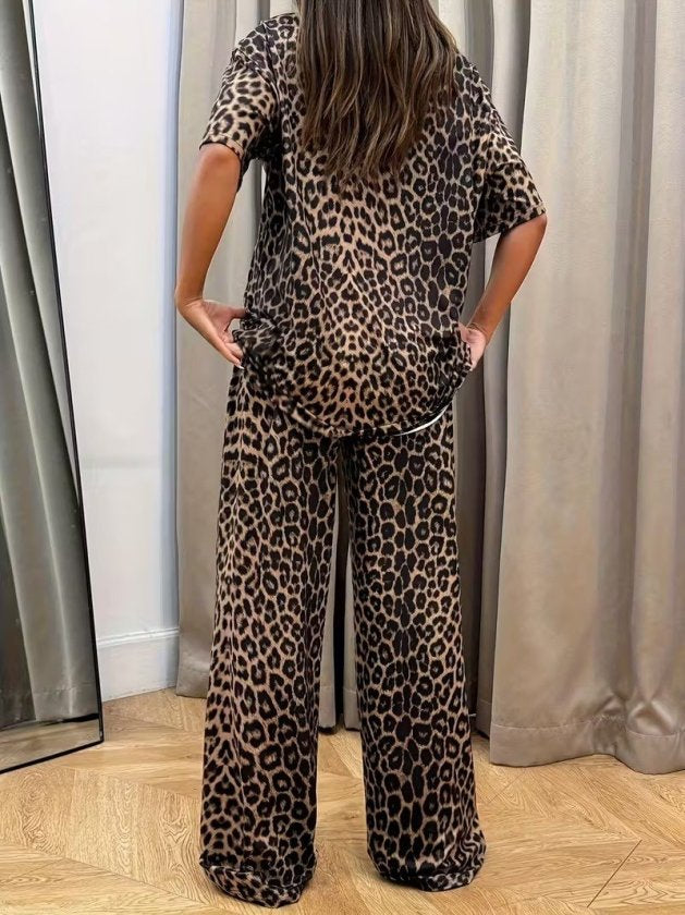 Kadın Kısa Kollu Bisiklet Yaka Iki Iplik Leopar Desenli Bluz Ve Pantolon Ikili Takım, 32798