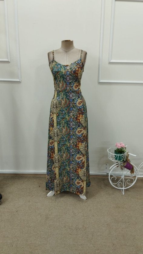 Women's Strappy Long Patterned Supreme Dress with Cross-Back Detail, 32845
