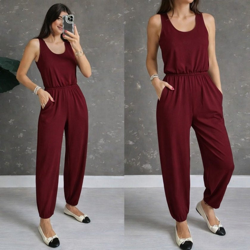 Women's Strappy Round Neck Pocketed Viscose Jumpsuit, 32897