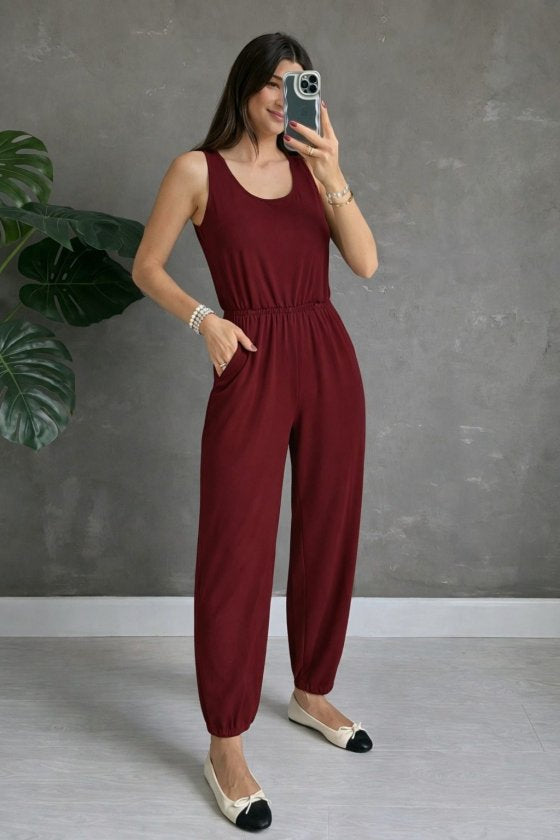 Women's Strappy Round Neck Pocketed Viscose Jumpsuit, 32897