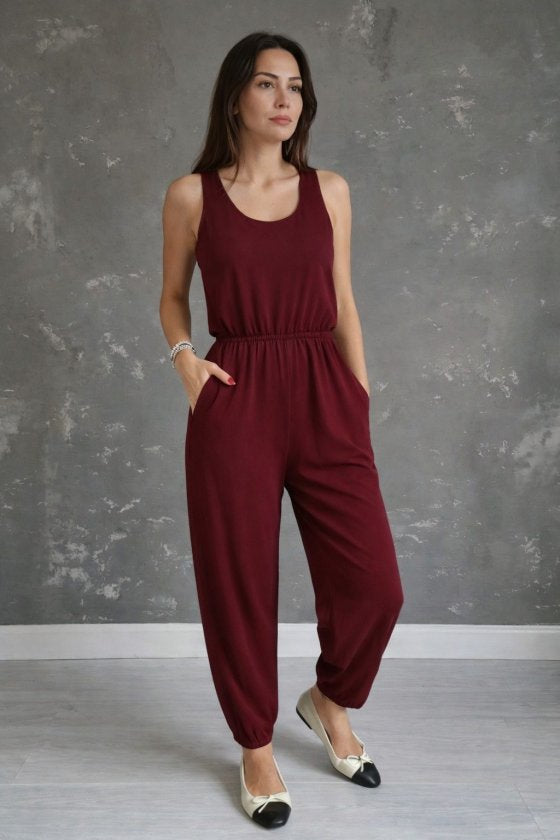 Women's Strappy Round Neck Pocketed Viscose Jumpsuit, 32897