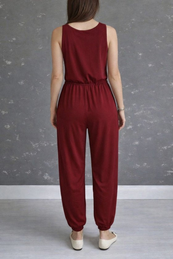 Women's Strappy Round Neck Pocketed Viscose Jumpsuit, 32897