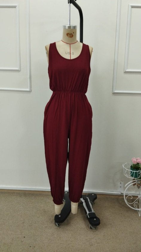 Women's Strappy Round Neck Pocketed Viscose Jumpsuit, 32897