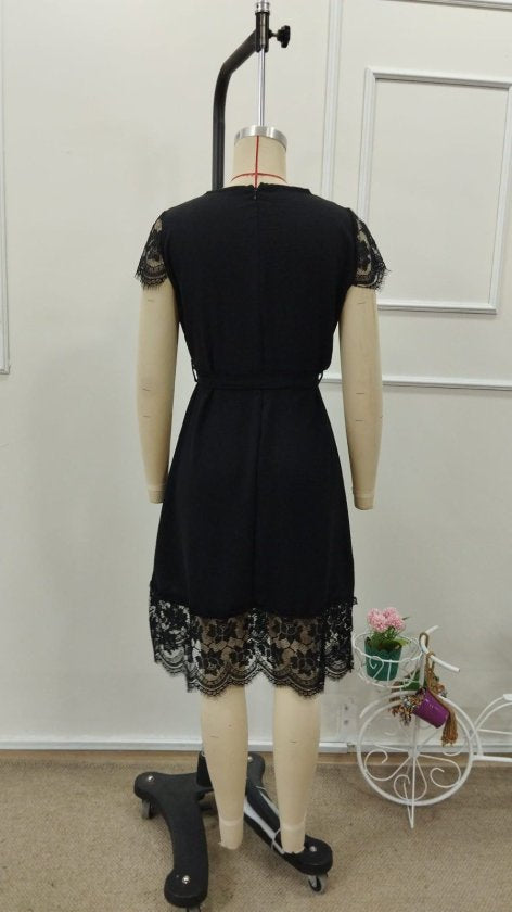Women's Short Sleeve V-Neck Belted Lace Detail Short Aerobin Dress, 32995