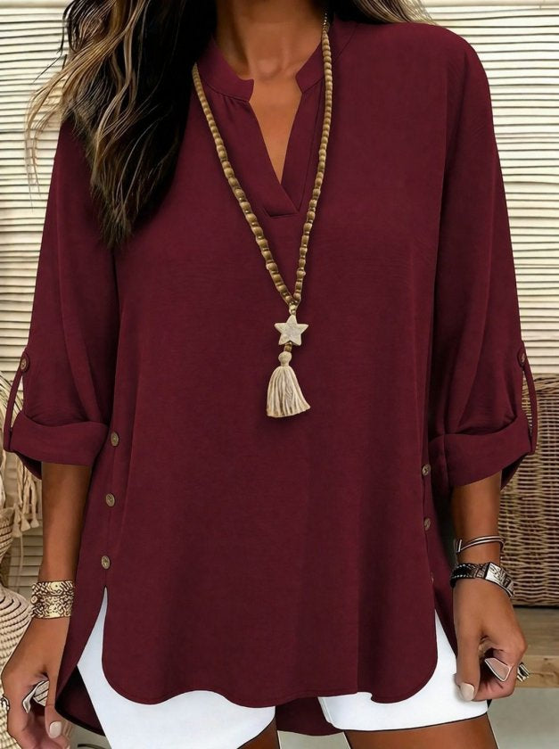 Women's Aerobin Blouse with Truvakar Sleeves, Mandarin Collar, and Side Button Detail, 33035