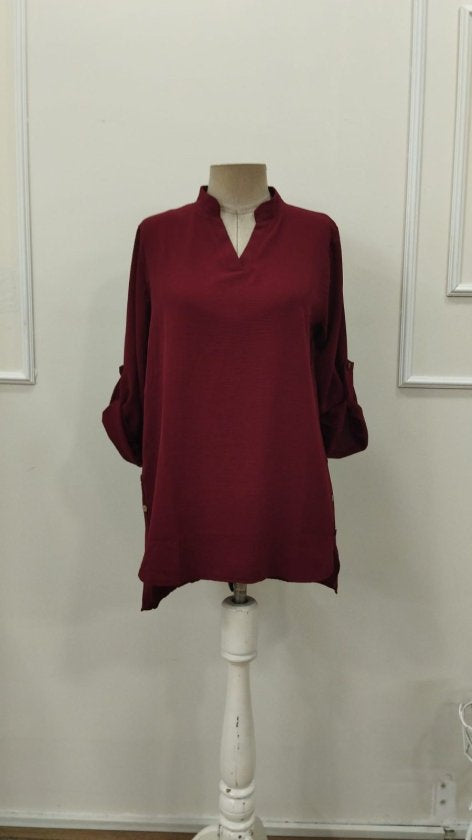 Women's Aerobin Blouse with Truvakar Sleeves, Mandarin Collar, and Side Button Detail, 33035