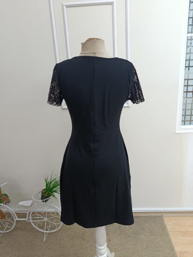 Kadın Kısa Kollu Yuvarlak Yakalı Kolu Dantelli Kısa Viıskon Elbise, 33045