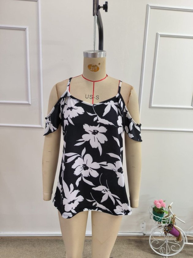 Women's Off-the-Shoulder Spaghetti Strap V-Neck Floral Patterned Supreme Blouse, 33050