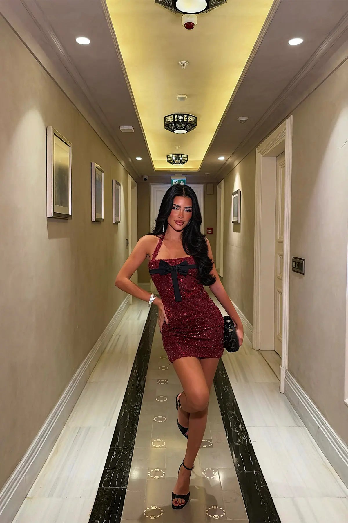 Bordo Pul Detay Mini Elbise