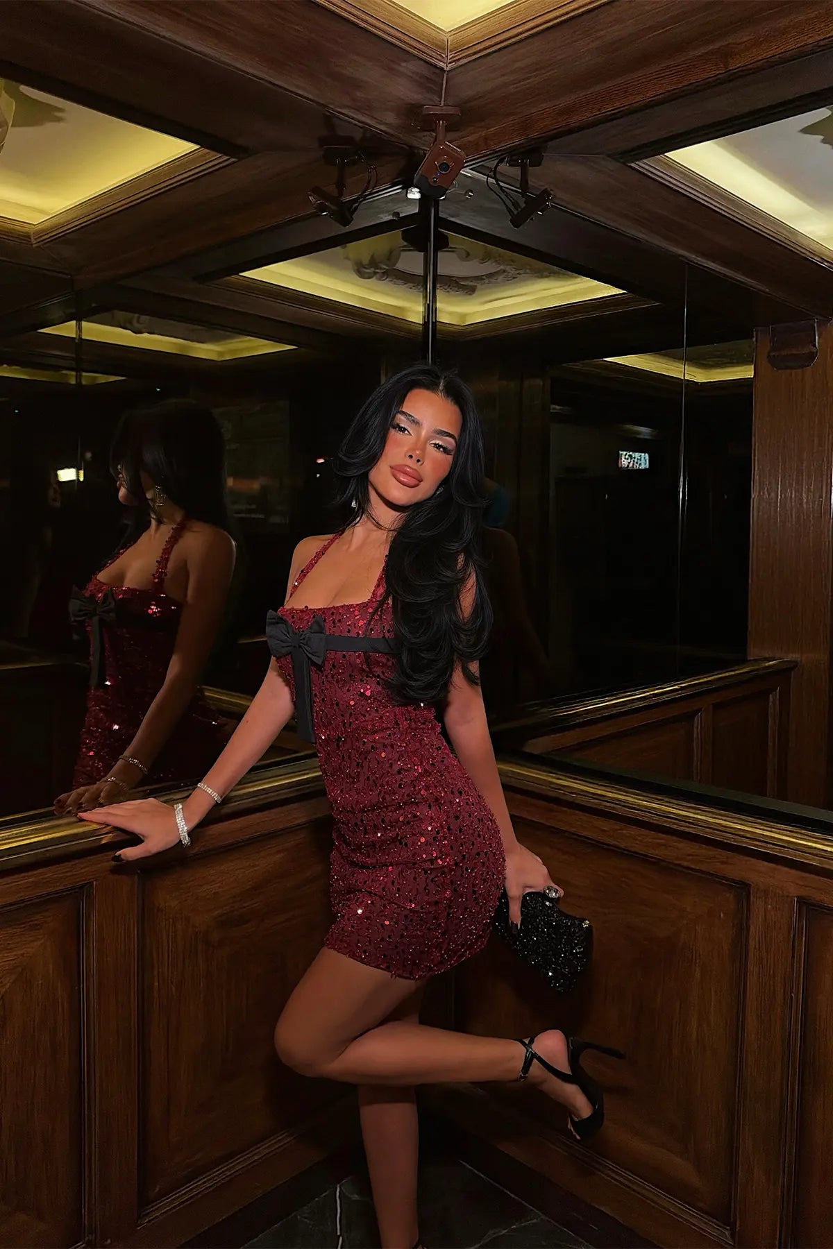 Bordo Pul Detay Mini Elbise