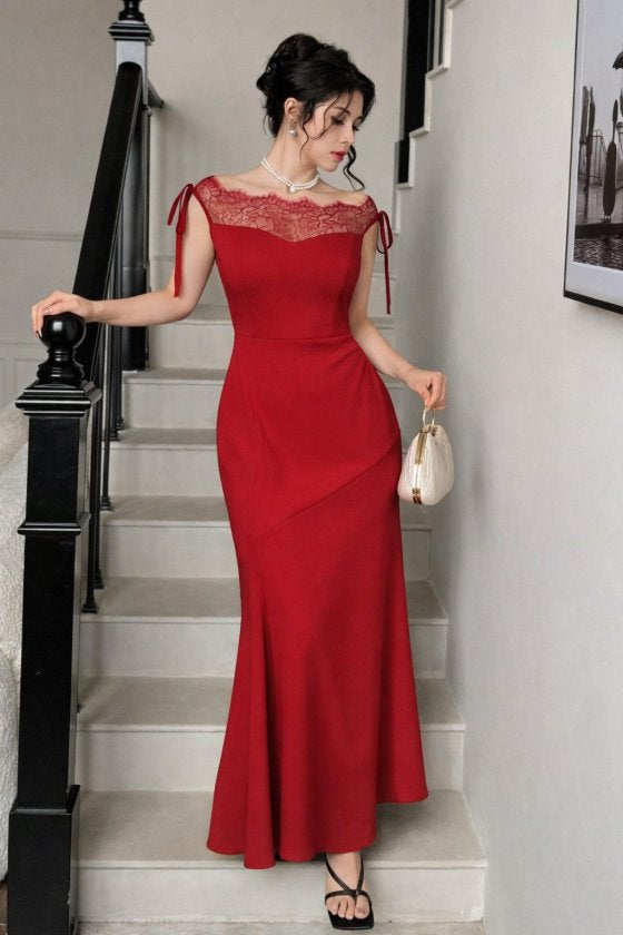 Women's Boat Neck Lace Detail Long Imported Crepe Dress, 33065