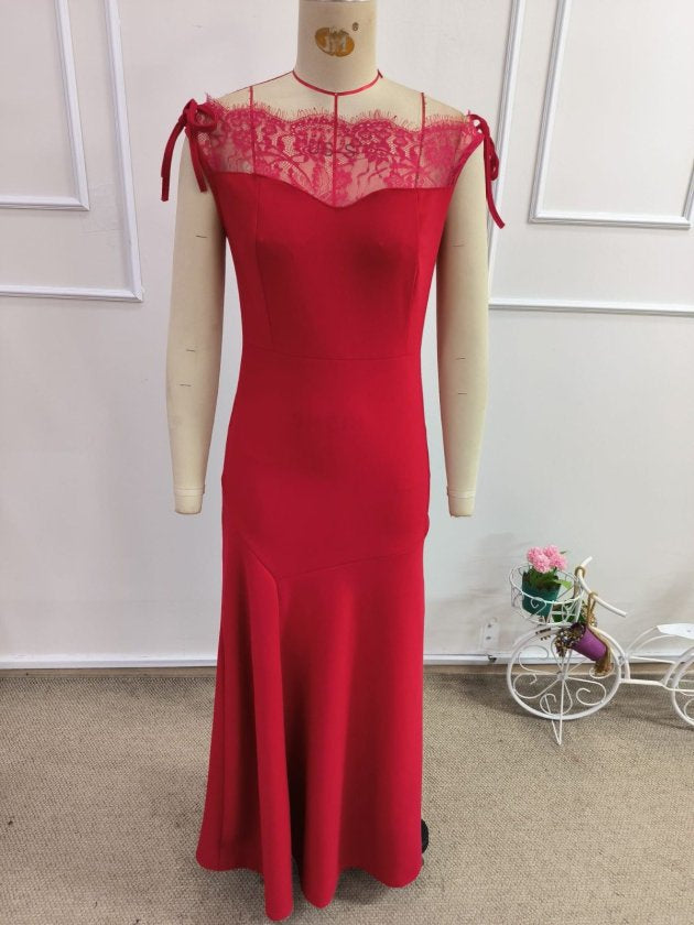 Women's Boat Neck Lace Detail Long Imported Crepe Dress, 33065