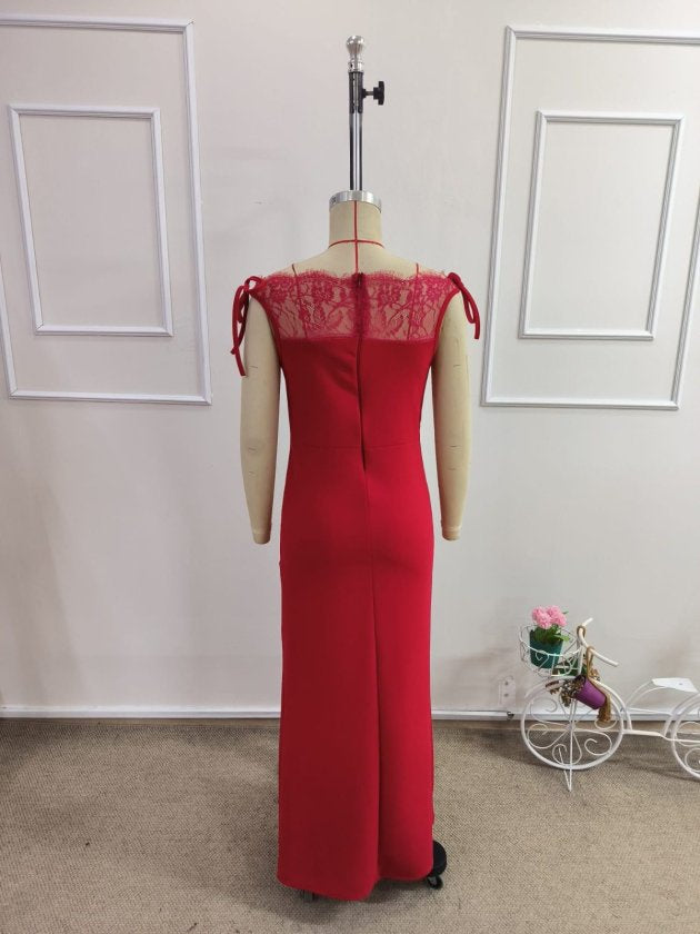 Women's Boat Neck Lace Detail Long Imported Crepe Dress, 33065