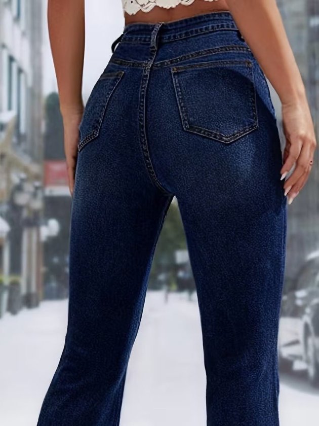 Women's High Waisted Wide Leg Denim Trousers with Button Detail, 33171
