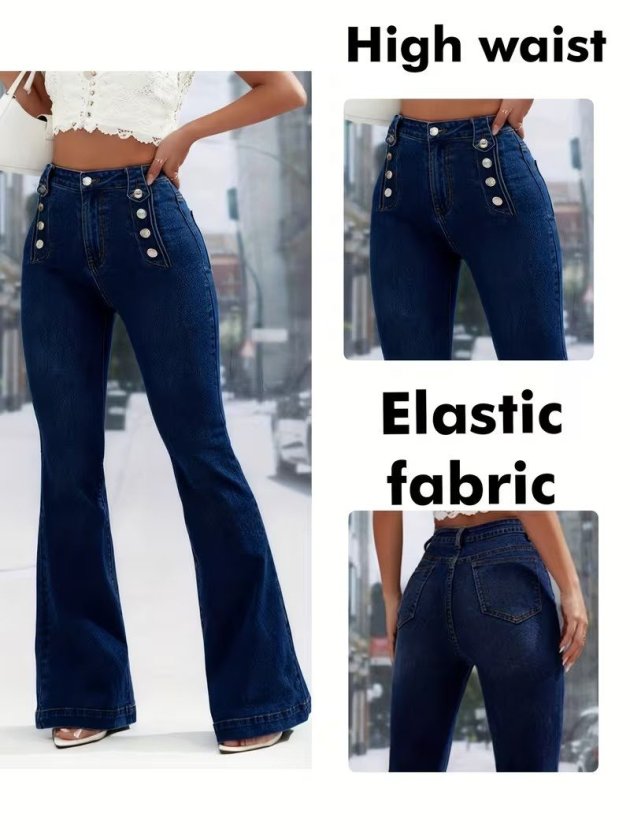 Women's High Waisted Wide Leg Denim Trousers with Button Detail, 33171