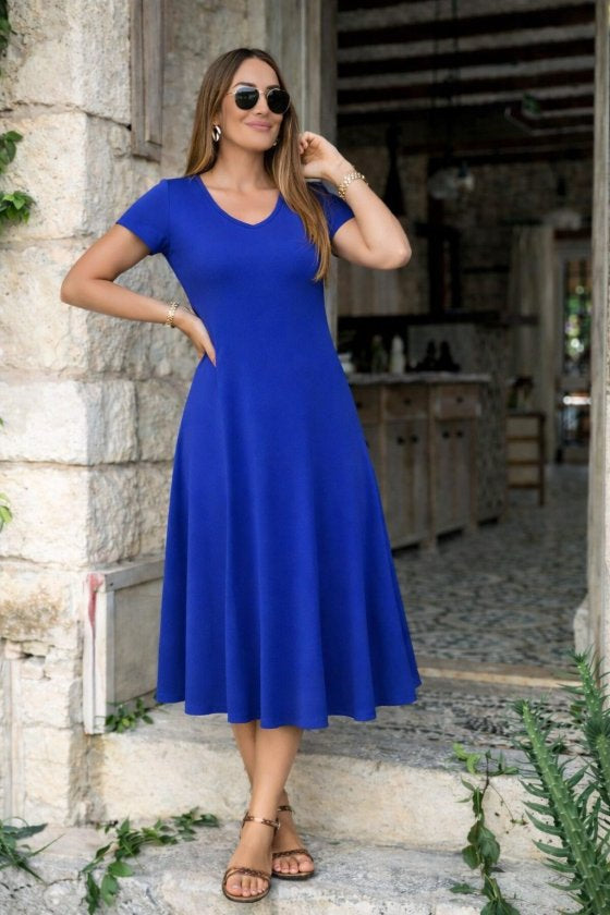 Women's Short-Sleeved V-Neck Slit Midi Viscose Dress, 33257