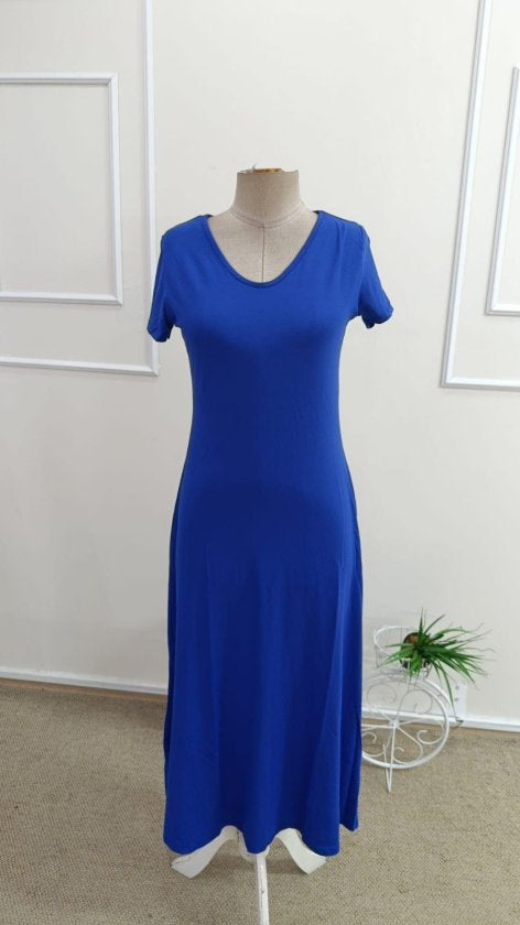 Women's Short-Sleeved V-Neck Slit Midi Viscose Dress, 33257
