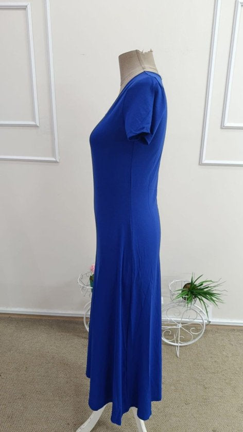 Women's Short-Sleeved V-Neck Slit Midi Viscose Dress, 33257