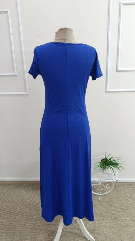 Women's Short-Sleeved V-Neck Slit Midi Viscose Dress, 33257