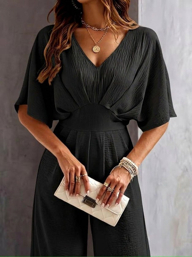 Women's Short Sleeve Wrap Neck Ruched Front Long Aerobin Jumpsuit, 33293
