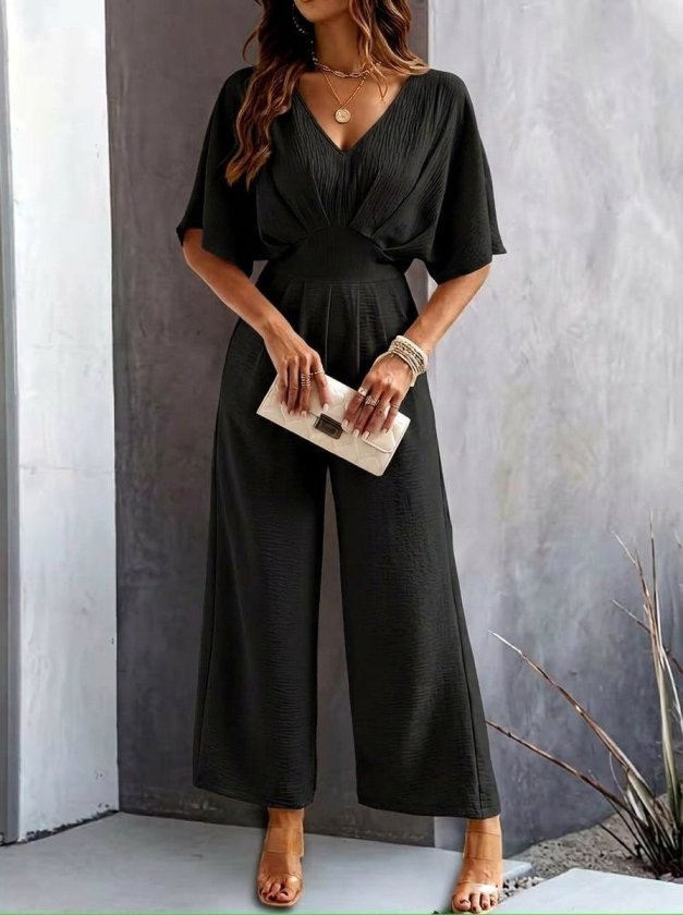 Women's Short Sleeve Wrap Neck Ruched Front Long Aerobin Jumpsuit, 33293