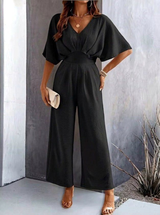 Women's Short Sleeve Wrap Neck Ruched Front Long Aerobin Jumpsuit, 33293