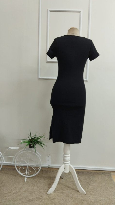 Kadın Kısa Kollu Yuvarlak Yakalı Yırtmaçlı Midi Kaşkorse Elbise, 37802