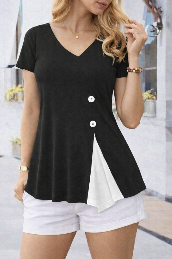 Women's Short-Sleeved Asymmetrical V-Neck Button Detail Viscose Blouse, 33343