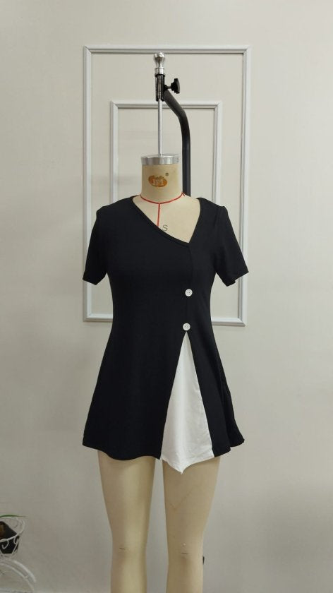 Women's Short-Sleeved Asymmetrical V-Neck Button Detail Viscose Blouse, 33343